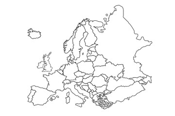 Blank Europe map contour silhouette vector illustration isolated on white background. European continent territory.world map outline, linear doodle illustration.