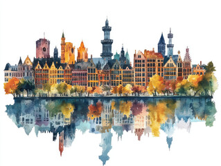 Fototapeta premium Belgium, Charming European town with spires and autumn reflections