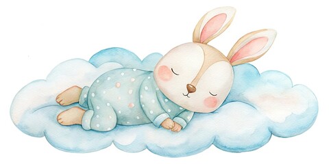 Charming watercolor artwork featuring an adorable bunny in pajamas cozily napping on a soft cloud, ideal for delightful children's room decor and dream-filled nights.