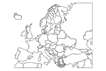 Blank Europe map contour silhouette vector illustration isolated on white background. European continent territory.world map outline, linear doodle illustration.