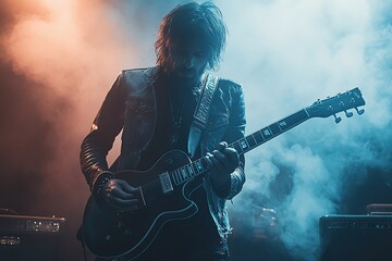 Obraz premium Rock guitarist energetically performing on stage amid smoke effects.