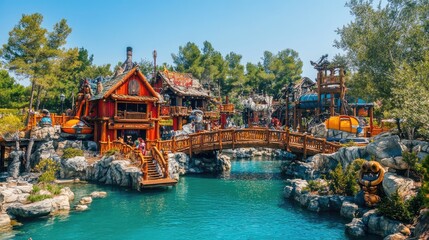 Vibrant Theme Park Landscape with Water and Architecture