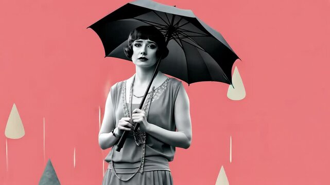 Elegant vintage woman with umbrella on red background