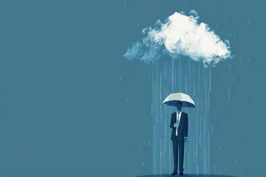 Businessman, standing under rain, pessimistic man under cloud, sad business man, unlucky, misfortune