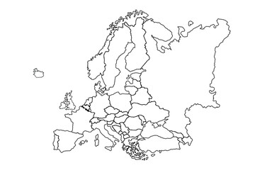 Europe hand drawn map, continent silhouette, stylized contour borders, black line.world map outline, linear doodle illustration.