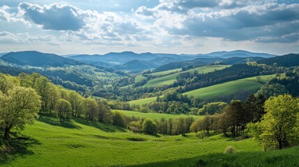 Naklejka premium A panoramic view of a lush green valley surrounded by rolling hills and a blue sky with white clouds.