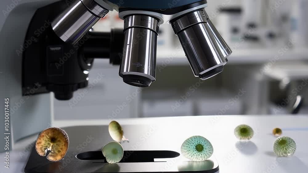 Poster microscopic view of unidentified specimens in a modern laboratory setting