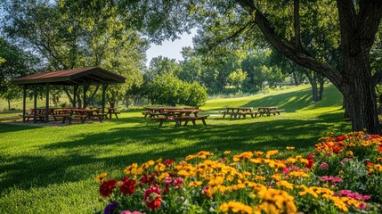 Obraz premium Scenic Park with Flower Beds and Picnic Area