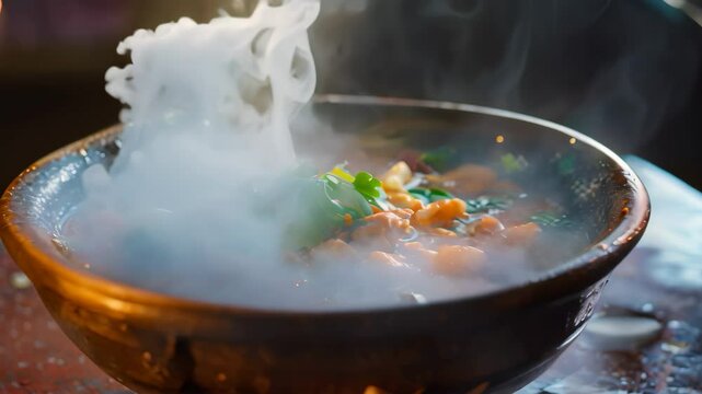 A close-up Video of a steaming bowl of menudo, a traditional Mexican soup, garnished with fresh cilantro, The comforting warmth of a steaming bowl of menudo