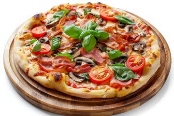 Canadian Pizza or Regina with Bacon, Tomatoes, Boletus Mushrooms, Fresh Basil, Tomato Sauce