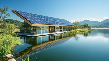 Solar farm panels placed on the river.