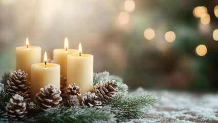 Adventskranz mit brennenden cremewei&szlig;en Weihnachtskerzen, Tannenzapfen und gr&uuml;nen Zweigen vor unscharfem Weihnachtsbaum im Hintergrund, festliche Weihnachtsdekoration