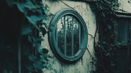 Reflection in a Vintage Circular Window Surrounded by Ivy