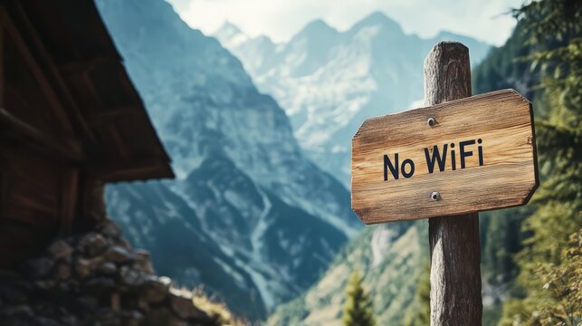 No WiFi - Escape the Digital World: A rustic wooden sign declaring "No WiFi" stands proudly against a breathtaking backdrop of towering mountains, inviting you to disconnect, reconnect with nature.