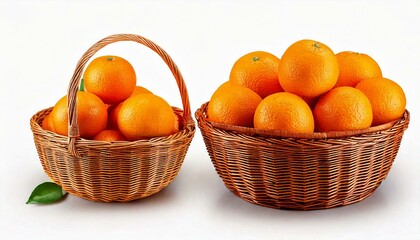 two wicker baskets filled with fresh ripe orange isolated on a white background, highlighting vibrant orange fruit and natural woven baskets for a concept of harvest and abundance