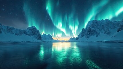 Fototapeta premium Aurora display over the sea with snowy mountains and green cyan lights at night.