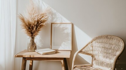 Cozy Interior with Pampas Grass and Wooden Furniture