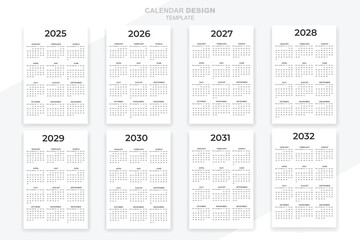 Calendar set design for 2025, 2026, 2027,2028, 2029, 2030, 2031, 2032 daily planner design