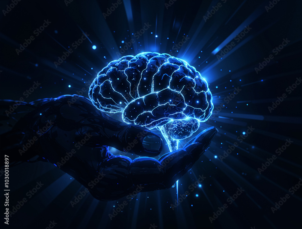 Poster digital artificial intelligence, hand made of neurons holds brain on black background. generative ai