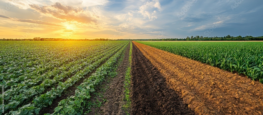 Poster sunset over a field with crops planted in rows, showing the farm's work with the warm glow of the se