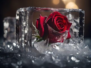 Conceptual Still Life Portrait of a Beautiful Red Rose Emerging from a Melted Ice Cube with Icy Crusts