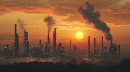 A city skyline with a large industrial plant in the middle. The sky is orange and the sun is setting