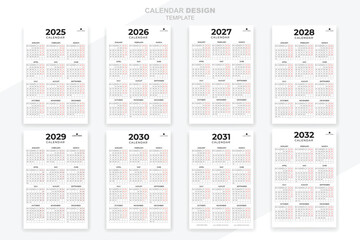 Simple calendar 2025, 2026, 2027,2028, 2029, 2030, 2031, 2032 set collection vector background design