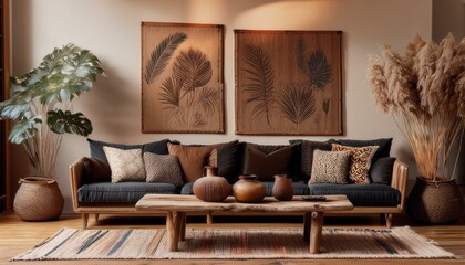 A stylish boho-themed living room with a black sofa and comfortable anthracite pillow