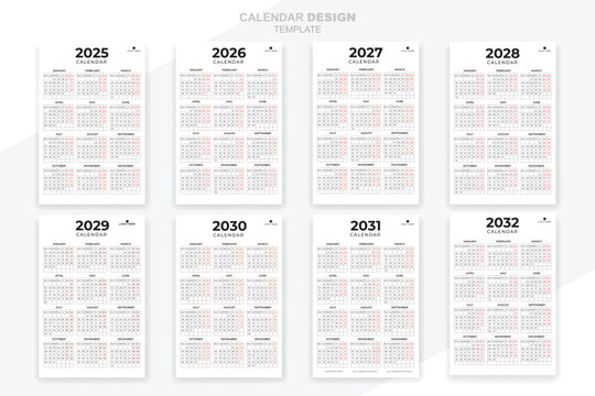 Simple calendar 2025, 2026, 2027,2028, 2029, 2030, 2031, 2032 set collection vector background design