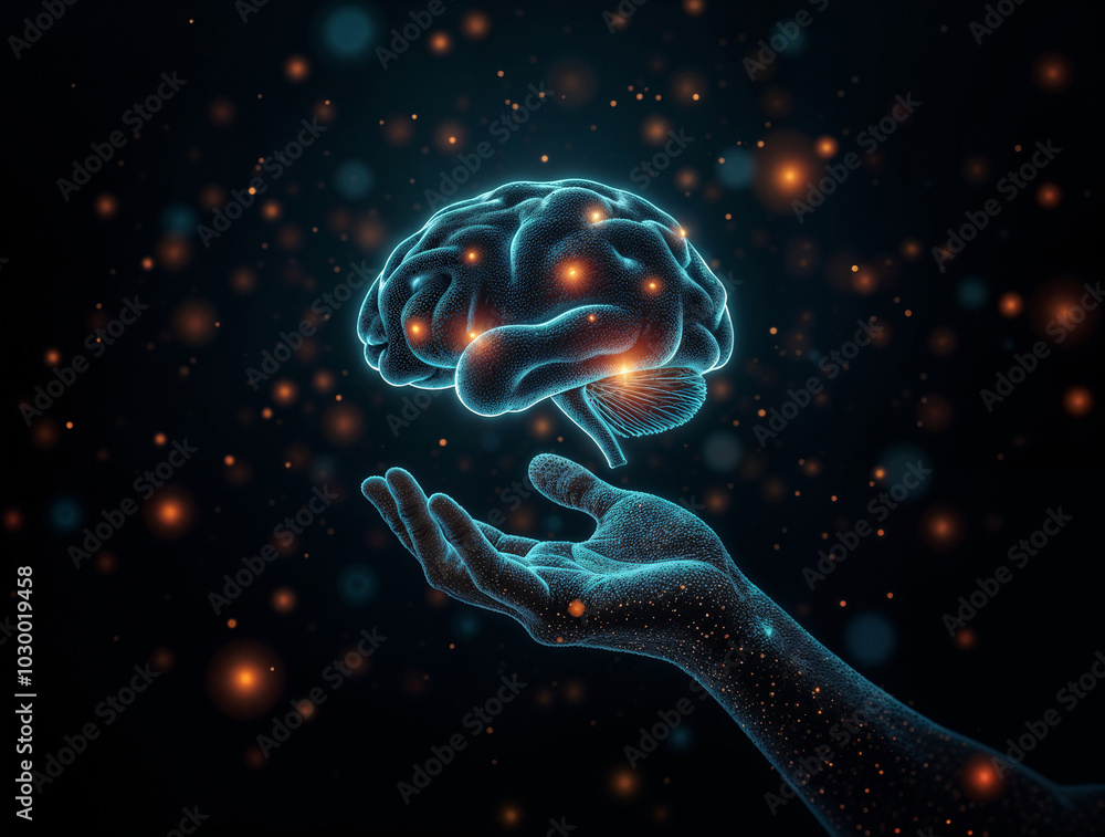 Poster digital artificial intelligence, hand made of neurons holds brain on black background. generative ai