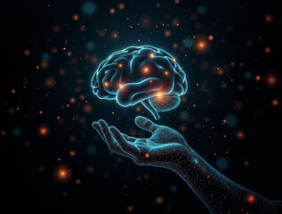 Fototapeta premium digital artificial intelligence, hand made of neurons holds brain on black background. Generative AI