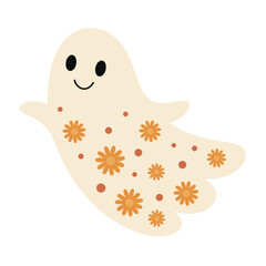 Groovy Halloween ghost clipart. Cute Halloween character design. Spooky season vector illustration in pastel cartoon style	