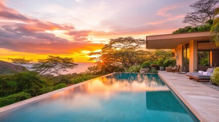 Scenic Sunset View of Luxury Villa with Infinity Pool