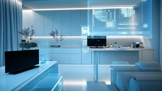 Futuristic smart home kitchen with integrated digital interface and sleek design. Technology concept
