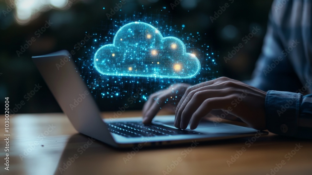 Poster a person is typing on a laptop with a glowing cloud icon above the keyboard, symbolizing cloud compu