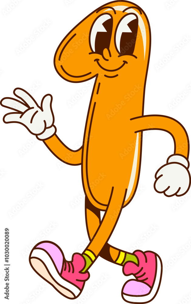 Aufkleber groovy math number one character in retro cartoon with funny face, vector comic emoji. groovy number