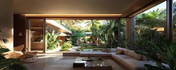 Fototapeta premium Bright designer room with folding doors opening to a vibrant blooming garden and inviting terrace area.