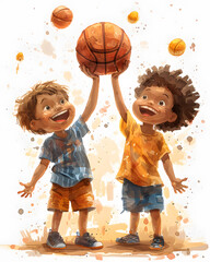 Vivid depiction of two kids enjoying a game of basketball, radiating joy and friendship. Bright colors and playful expressions encapsulate the spirit of childhood camaraderie