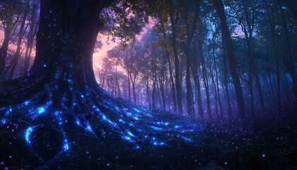 Fototapeta premium A dense forest at twilight, with tree roots and branches glowing faintly with a bioluminescent light