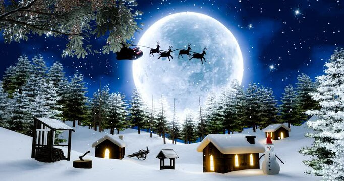 Christmas Eve, Santa Claus gives gifts in the sky with a bright blue Super Full moon on a snowy night. Village in the middle of a pine forest on a mountain, high in snow. 3D Rendering