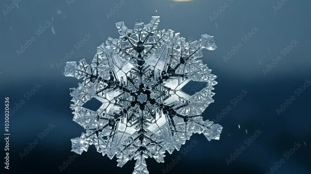 Poster close-up of a snowflake with intricate crystalline structure, illuminated by moonlight during a snow