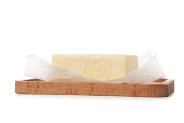 Wooden board with fresh butter on white background