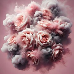 Obraz premium Pink roses surrounded by a cloud of pink and gray smoke.