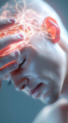 Obraz premium close up of persons face showing expressions of pain and contemplation, with glowing effect around head symbolizing mental strain or thought