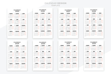 2025 2026 2027 2028 2029 2030 2031 2032 years calendar Print ready set collection design