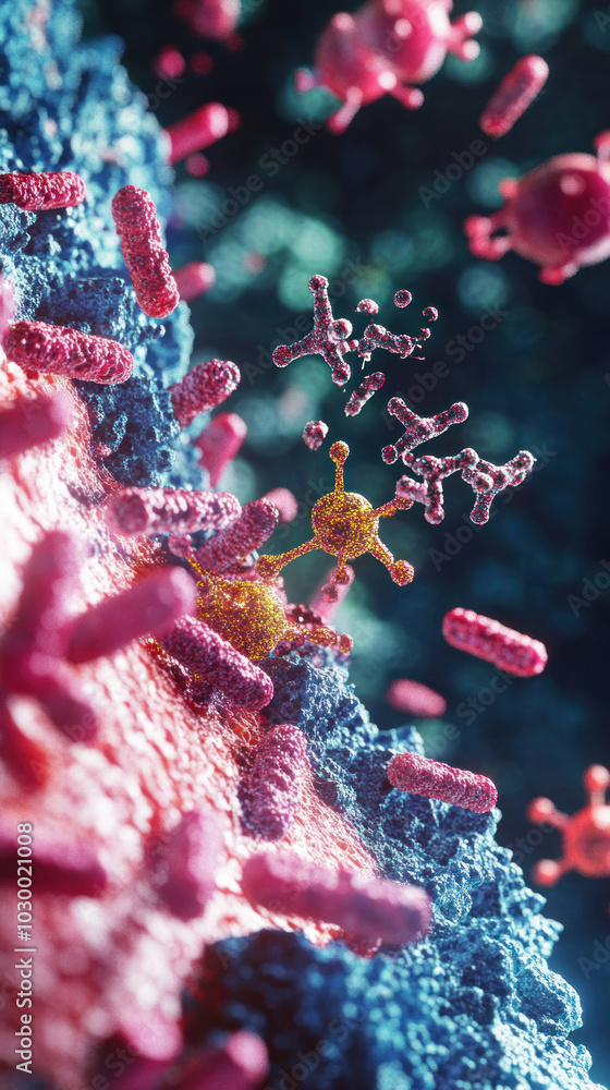 Poster close up view of vibrant antibodies interacting with pathogens in microscopic environment, showcasing complexity of immune response