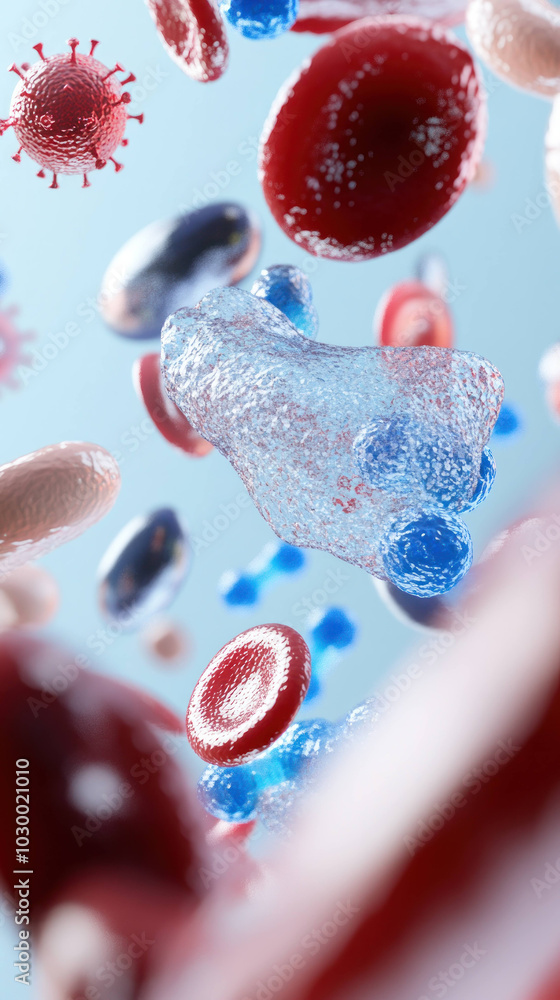 Poster close up view of blood cells and antibodies, showcasing vibrant colors and intricate details. this h