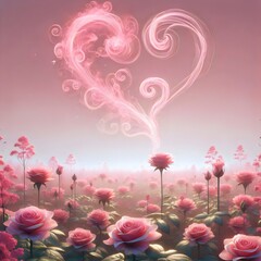 A heart-shaped cloud of smoke rising from a field of pink roses.