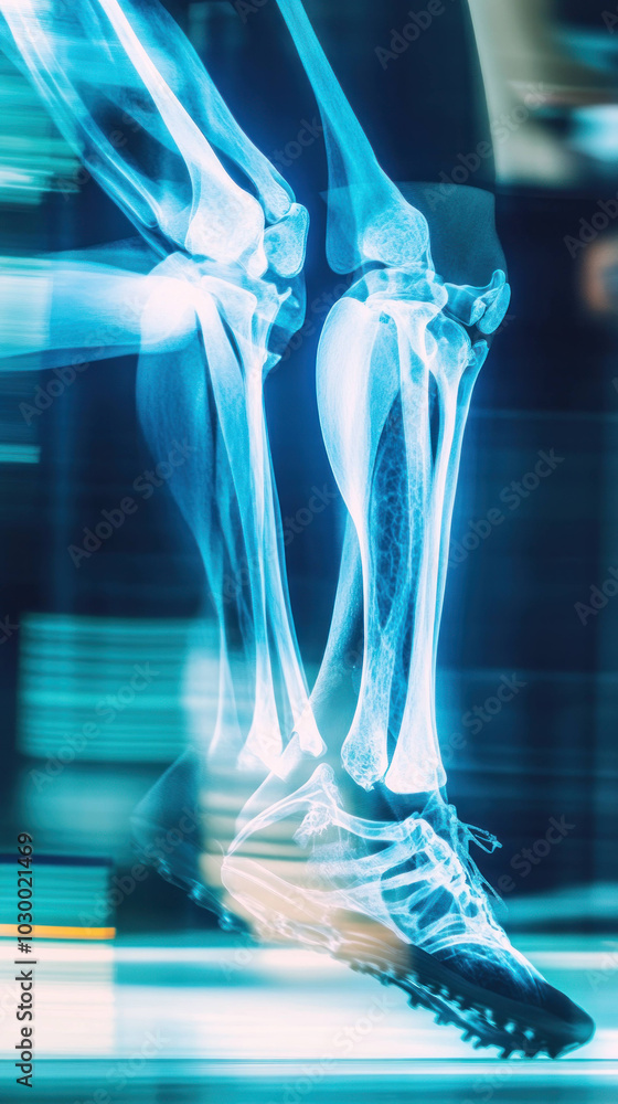 Poster X ray image of human leg showing bones and running shoe, illustrating anatomy of lower limb in motion. This dynamic scene highlights skeletal structure during activity