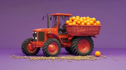 3D rendering of a red tractor with a large basket full of crops